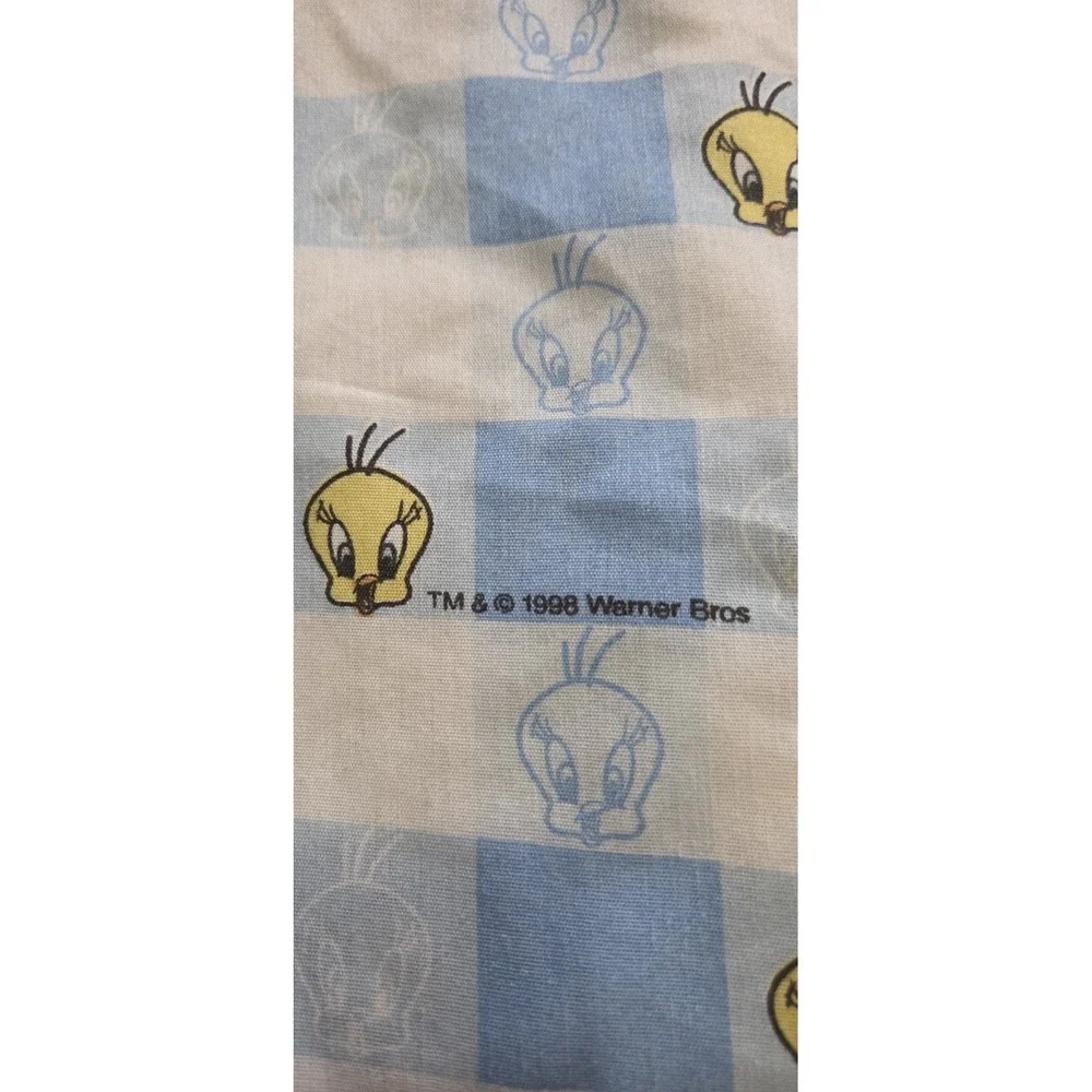 Vintage 1998 Warner Bros Tweety Bird Twin Flat Sheet Blue & White Check-Has Hole